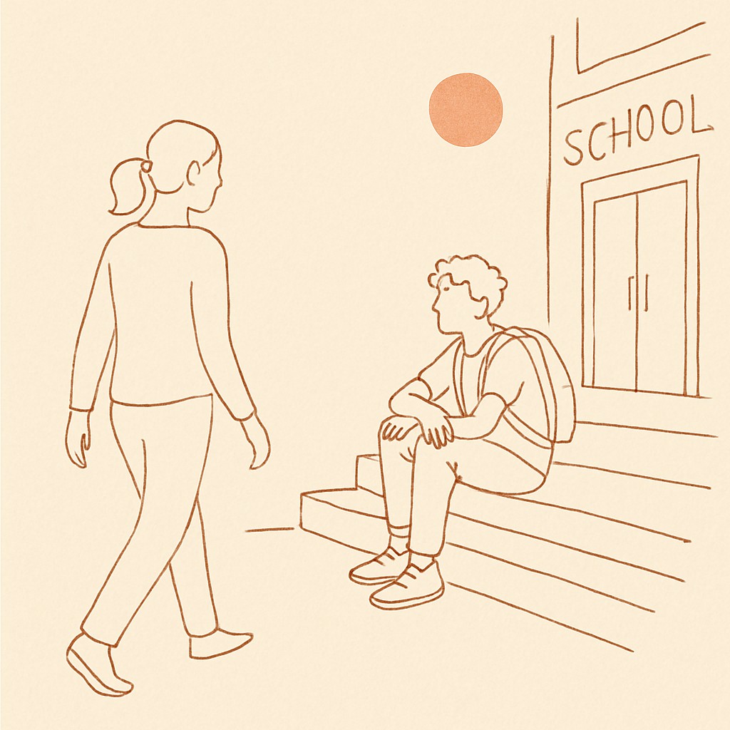 Line art of a teen on the front steps of a school in low afternoon light, a parent walking up