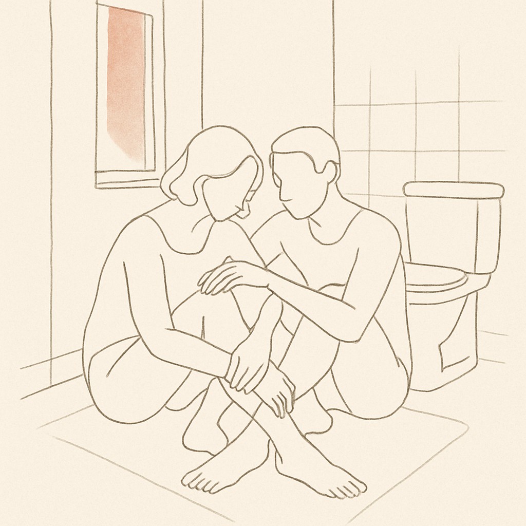 Line art of two figures sitting on a bathroom floor in soft window light