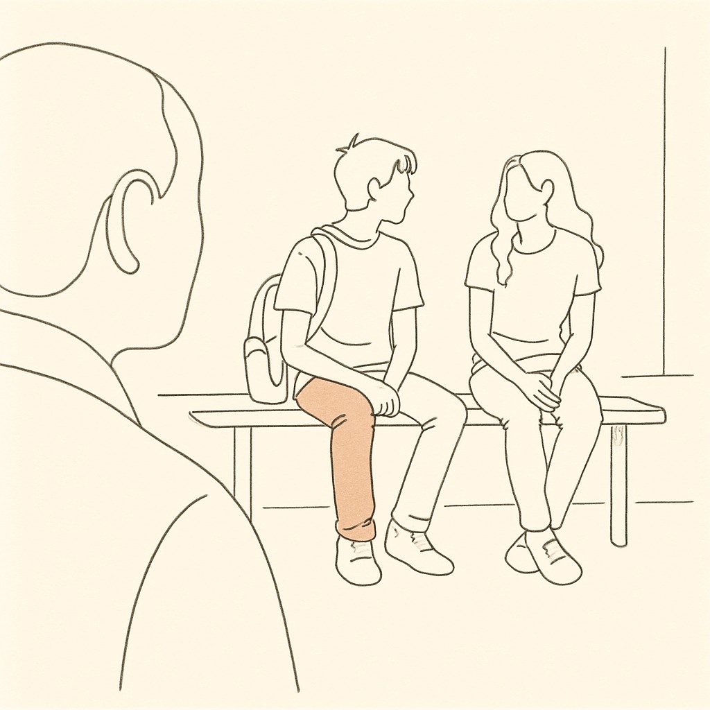 Line art of two teens on a school bench from a distance, parent in soft focus in the foreground