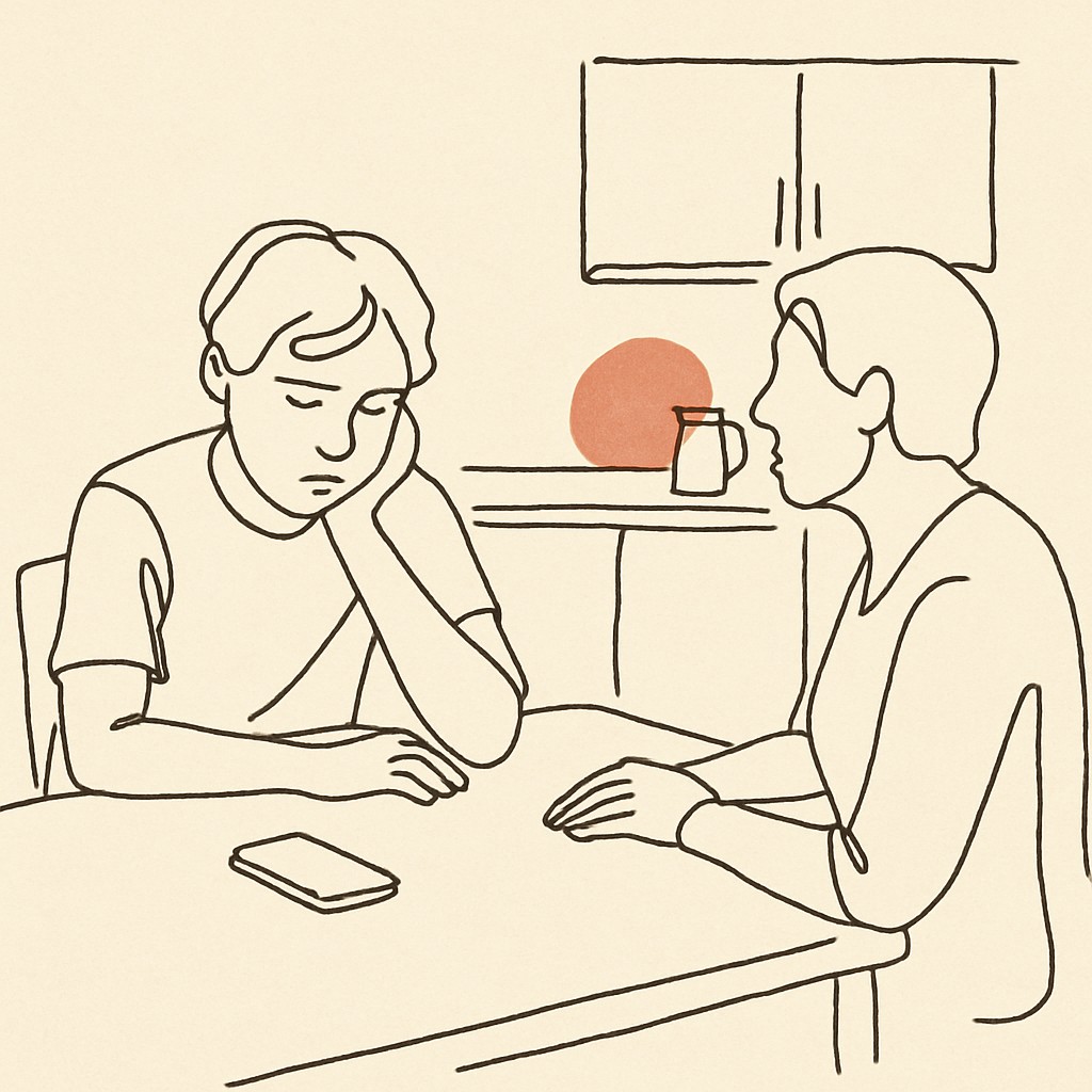 Line art of a teen at a kitchen table with a phone face-down, parent across
