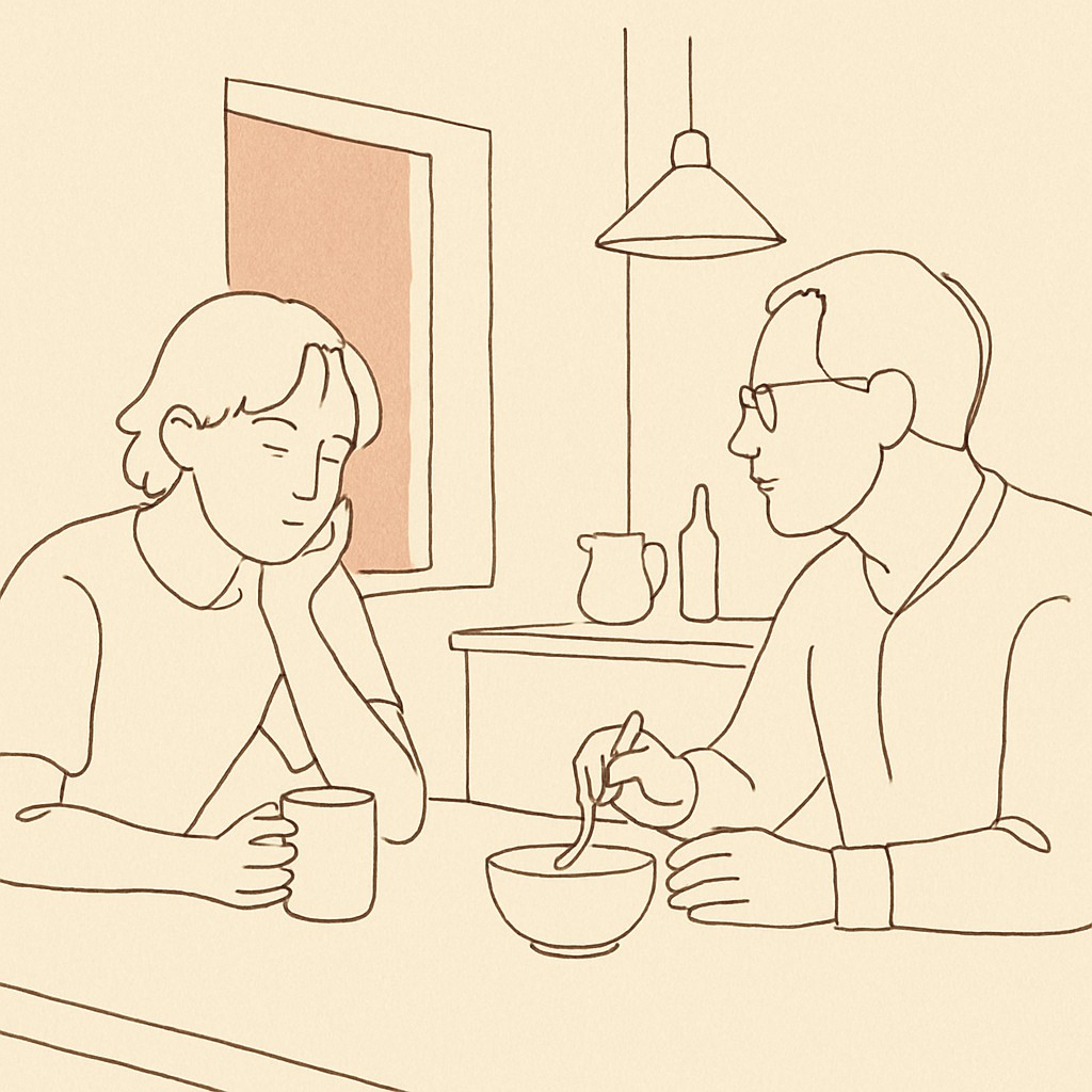 Line art of a teen and parent at a kitchen table, soft afternoon light