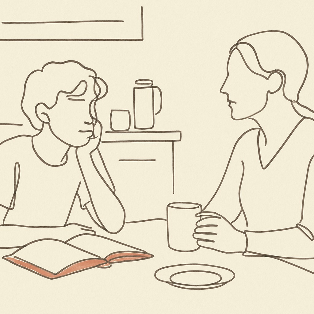 Line art of a teen at a kitchen table, parent across with a coffee cup