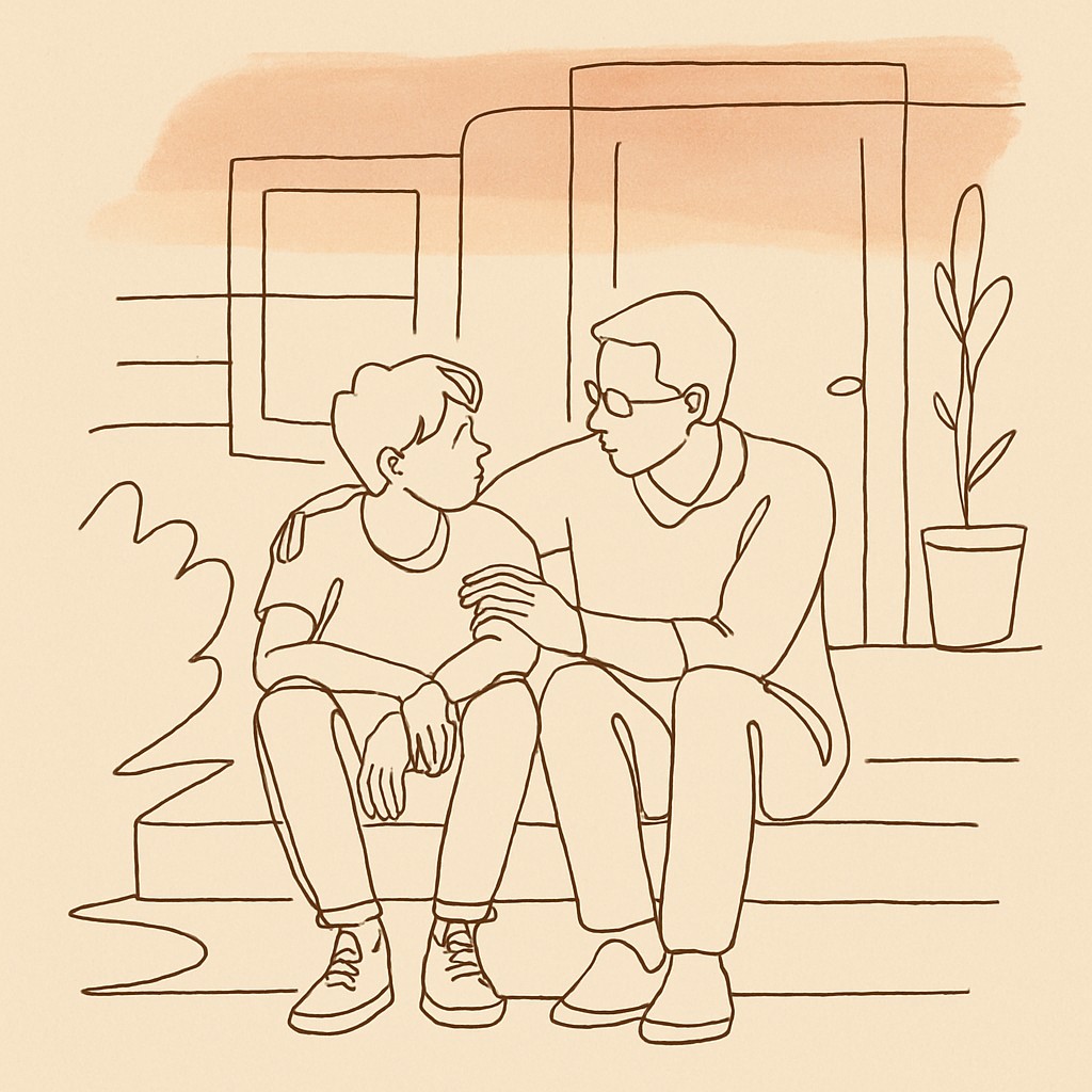 Line art of a teen and parent on a porch step at dusk, soft warm light