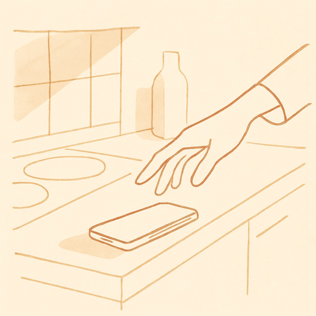 Line art of a phone on a kitchen counter and a hand reaching toward it, soft warm light
