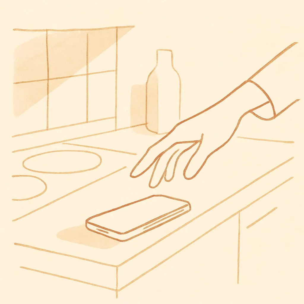 Line art of a phone on a kitchen counter and a hand reaching toward it, soft warm light