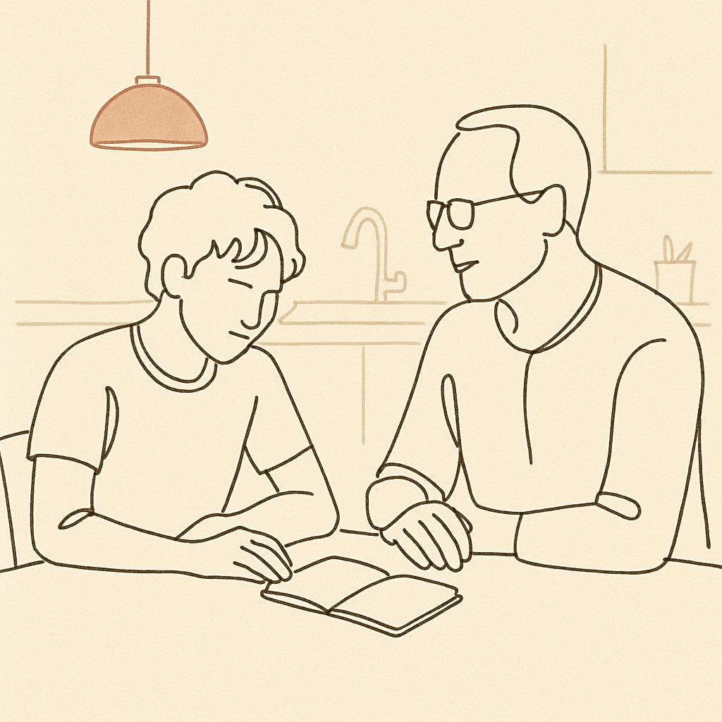 Line art of a teen and parent at a kitchen table with a small notebook between them
