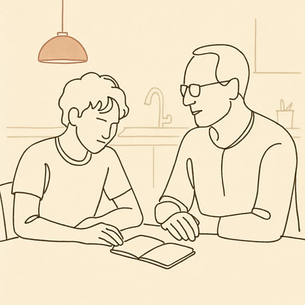 Line art of a teen and parent at a kitchen table with a small notebook between them