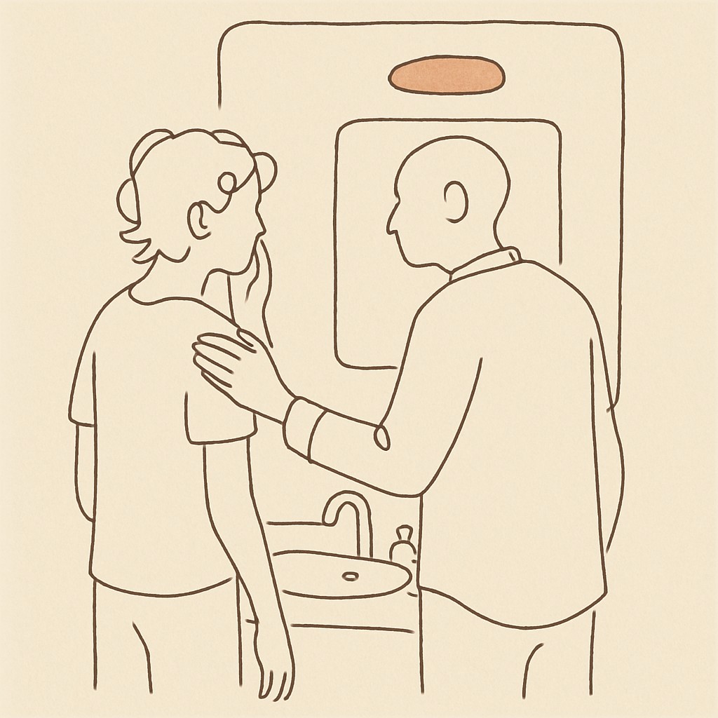 Line art of a teen and parent in front of a bathroom mirror, soft warm light