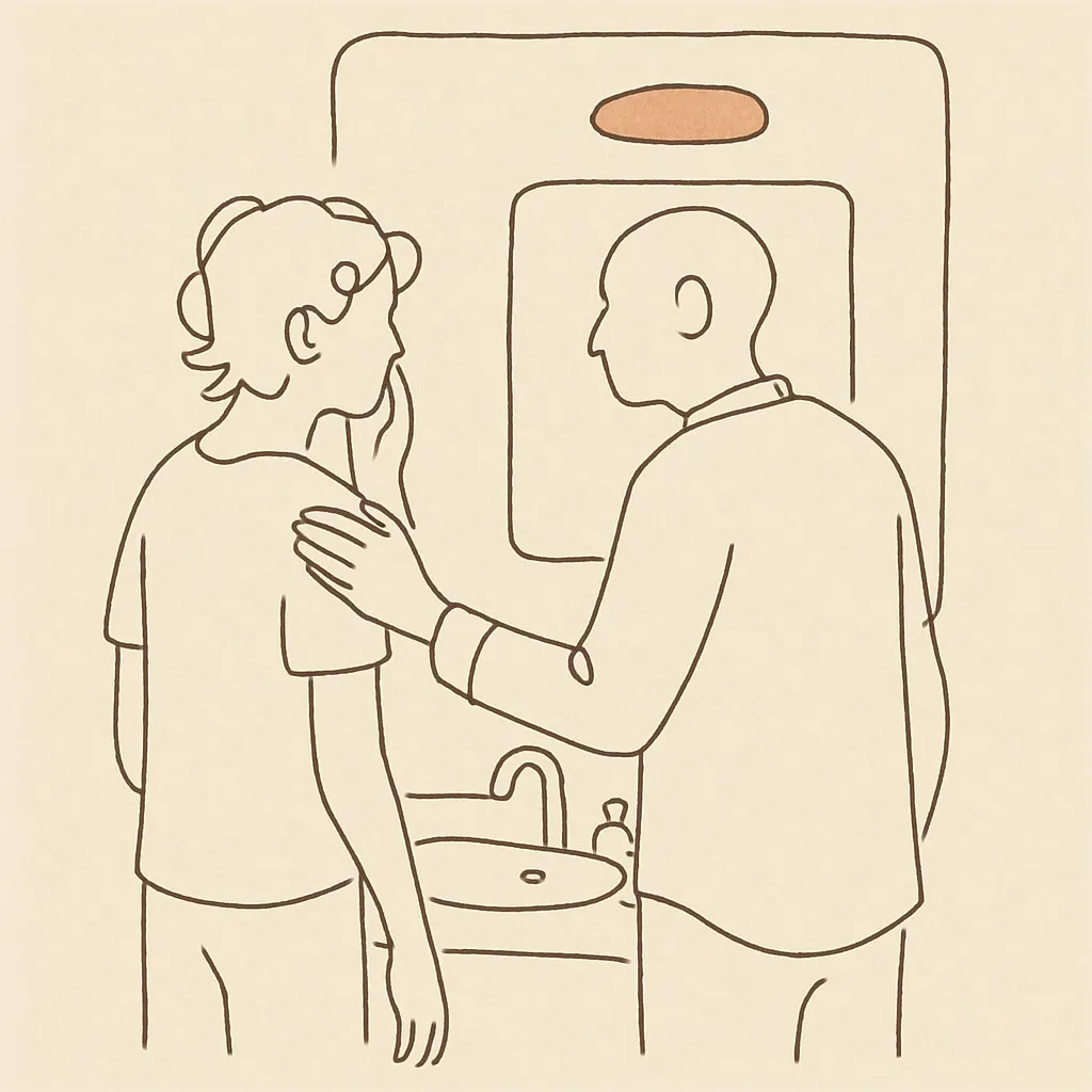 Line art of a teen and parent in front of a bathroom mirror, soft warm light