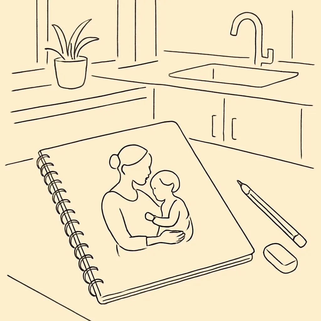 Line art of a sketchbook open on a kitchen table to a small ink doodle, a pencil and an eraser beside it in soft morning light