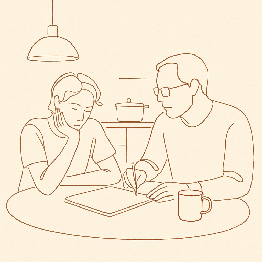Line art of a teen and parent at a kitchen table, a sketchbook between them
