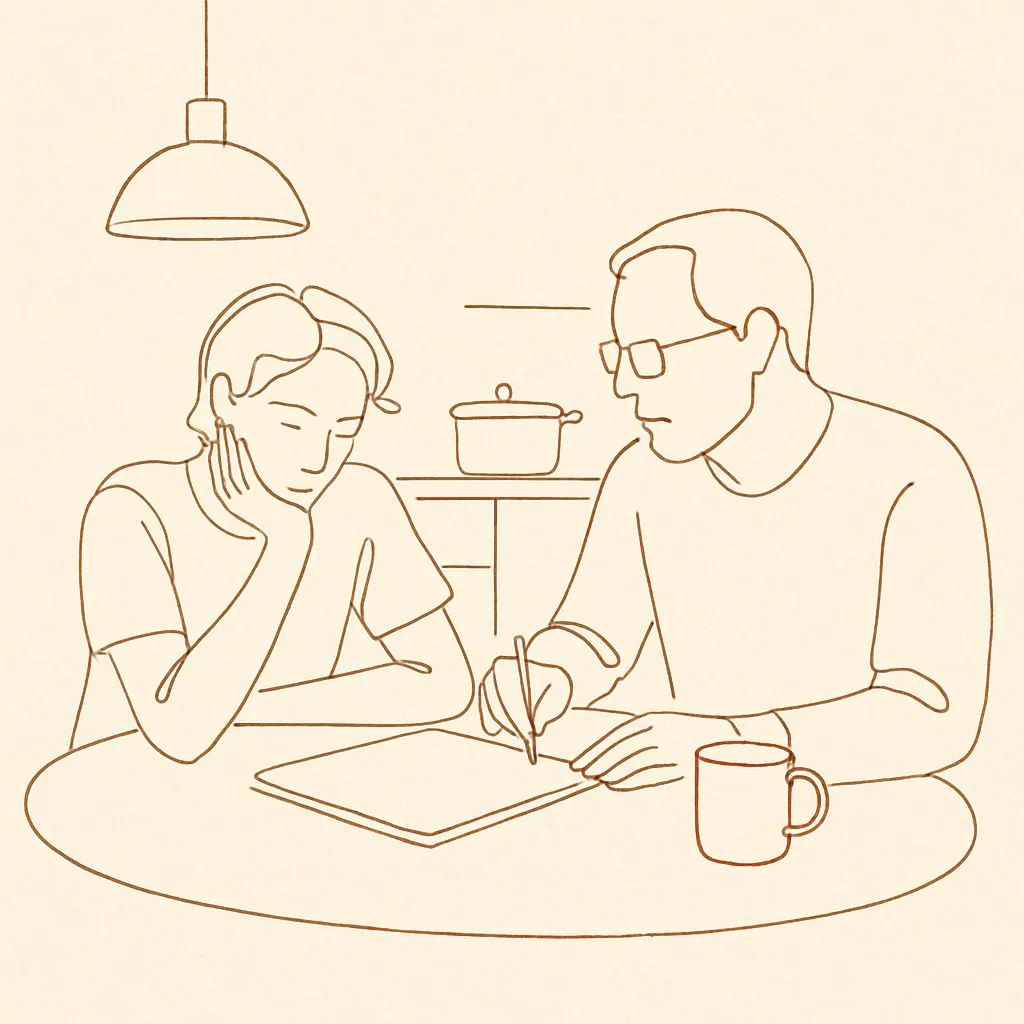 Line art of a teen and parent at a kitchen table, a sketchbook between them
