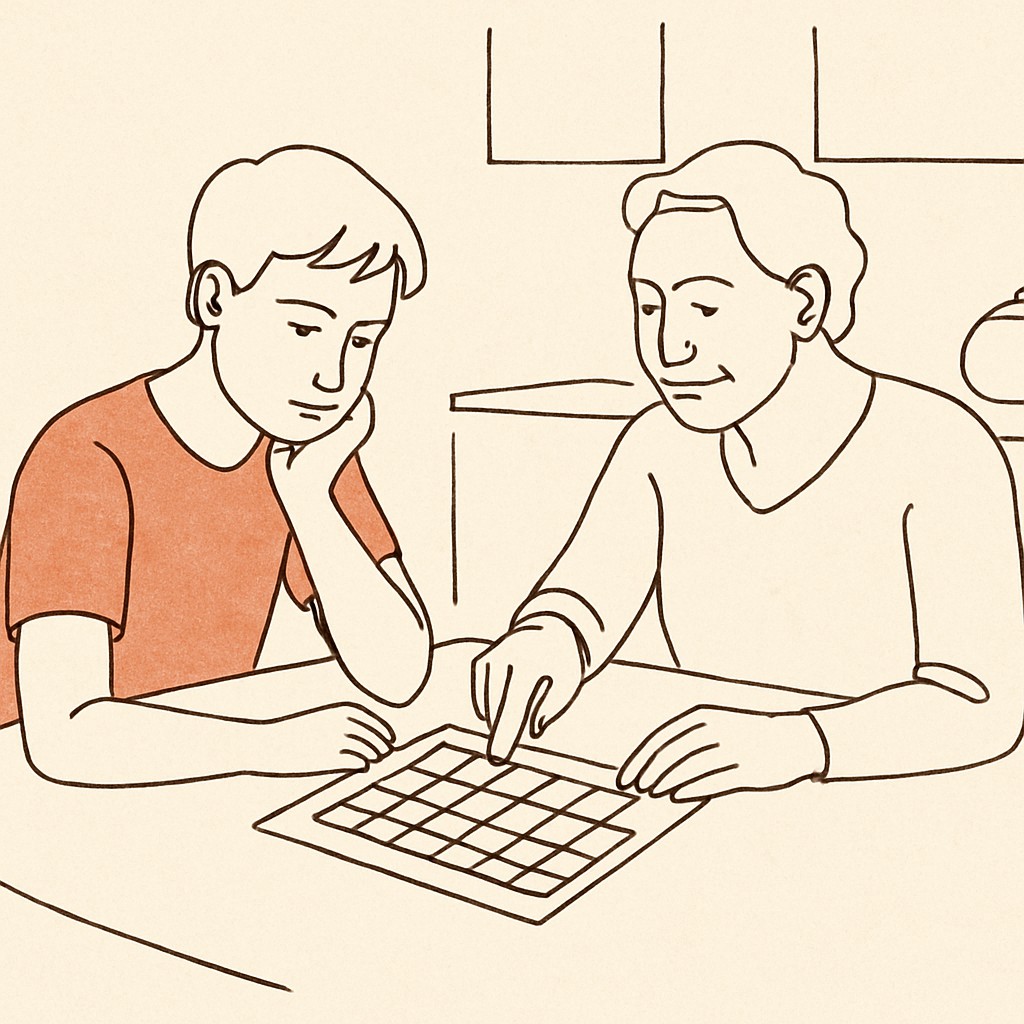 Line art of a teen and parent at a kitchen table with a calendar between them
