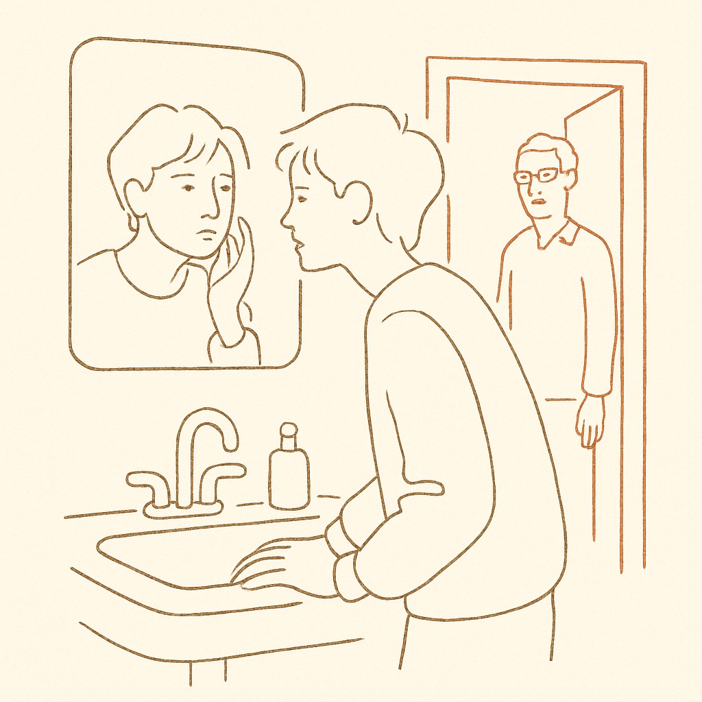 Line art of a teen looking in a bathroom mirror, parent reflected in the doorway
