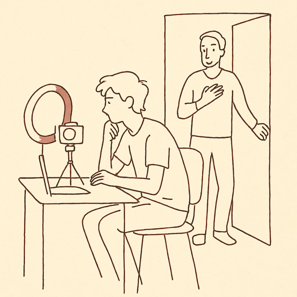 Line art of a teen sitting at a desk with a ring light and camera, parent in the doorway