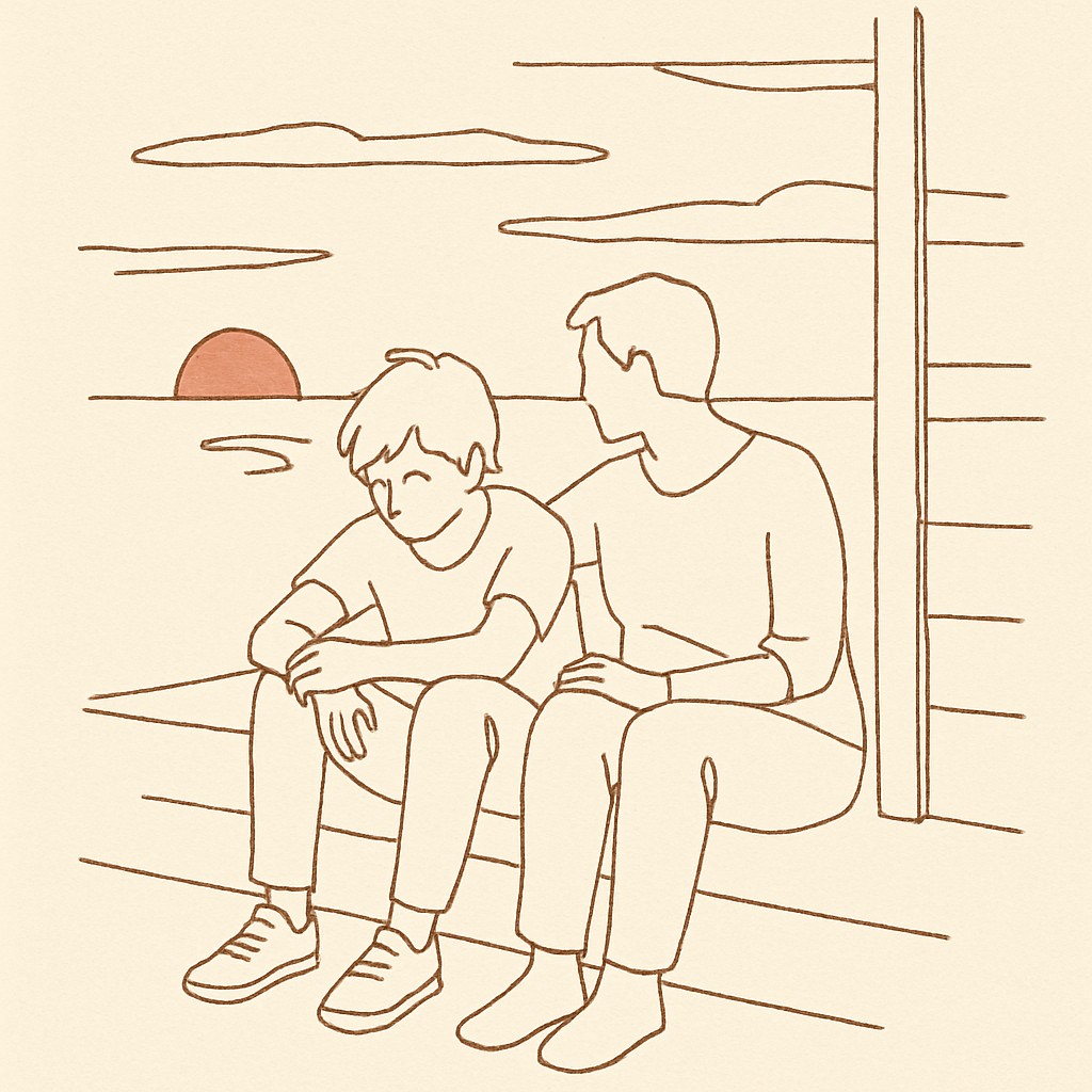 Line art of a teen sitting on a porch step at dusk, parent sitting beside them