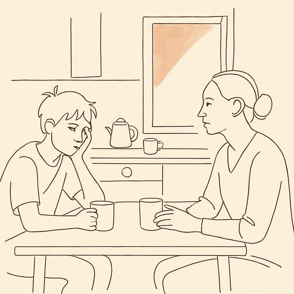 Line art of a teen at a kitchen table, parent across, morning light