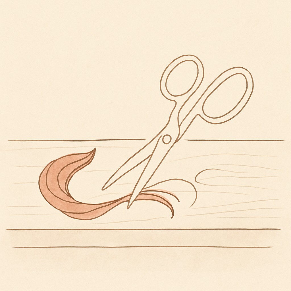 Line art of a pair of scissors and a ribbon of hair on a clean wooden countertop, soft warm light
