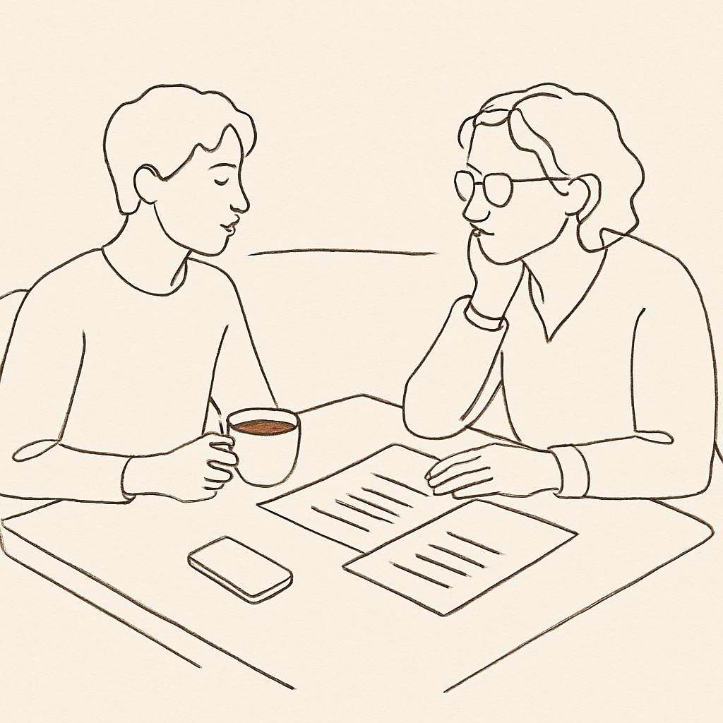 Line art of a young adult and parent at a coffee shop table, papers and a phone between them