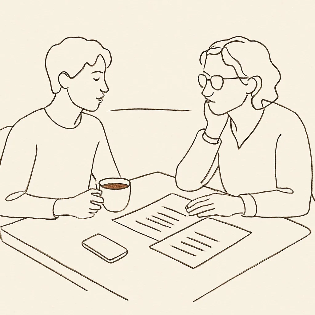 Line art of a young adult and parent at a coffee shop table, papers and a phone between them