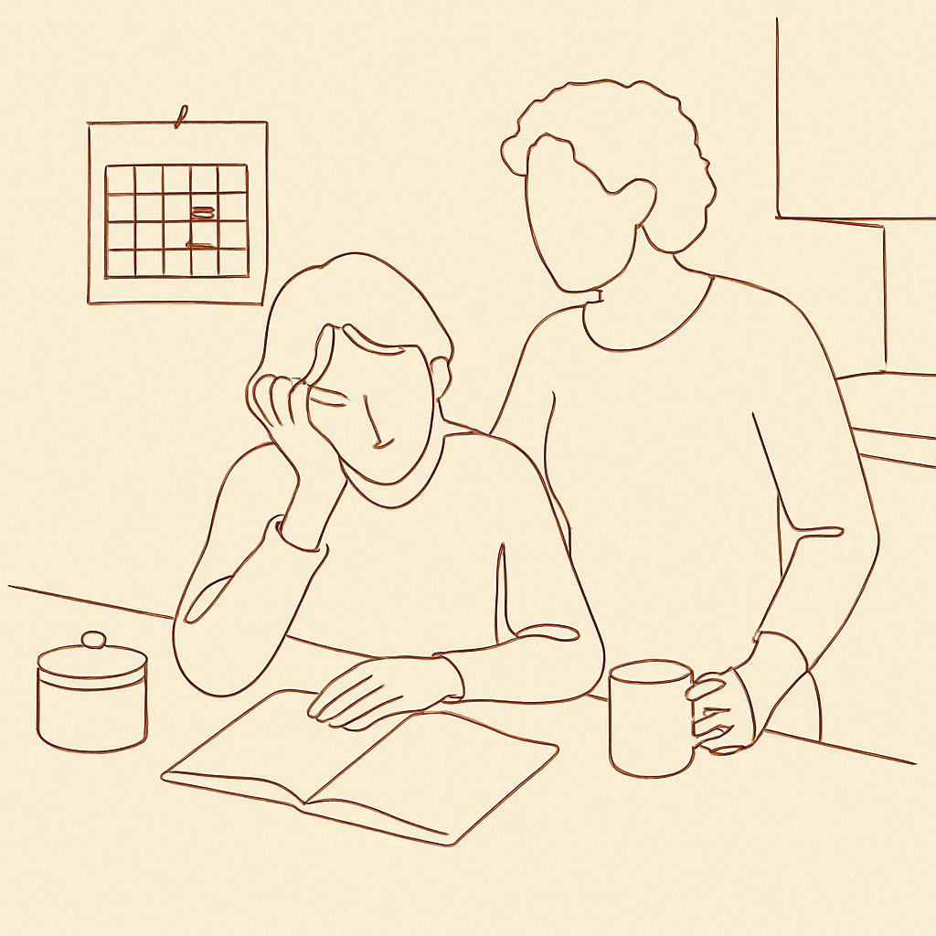 Line art of a teen and parent at a kitchen counter, calendar visible