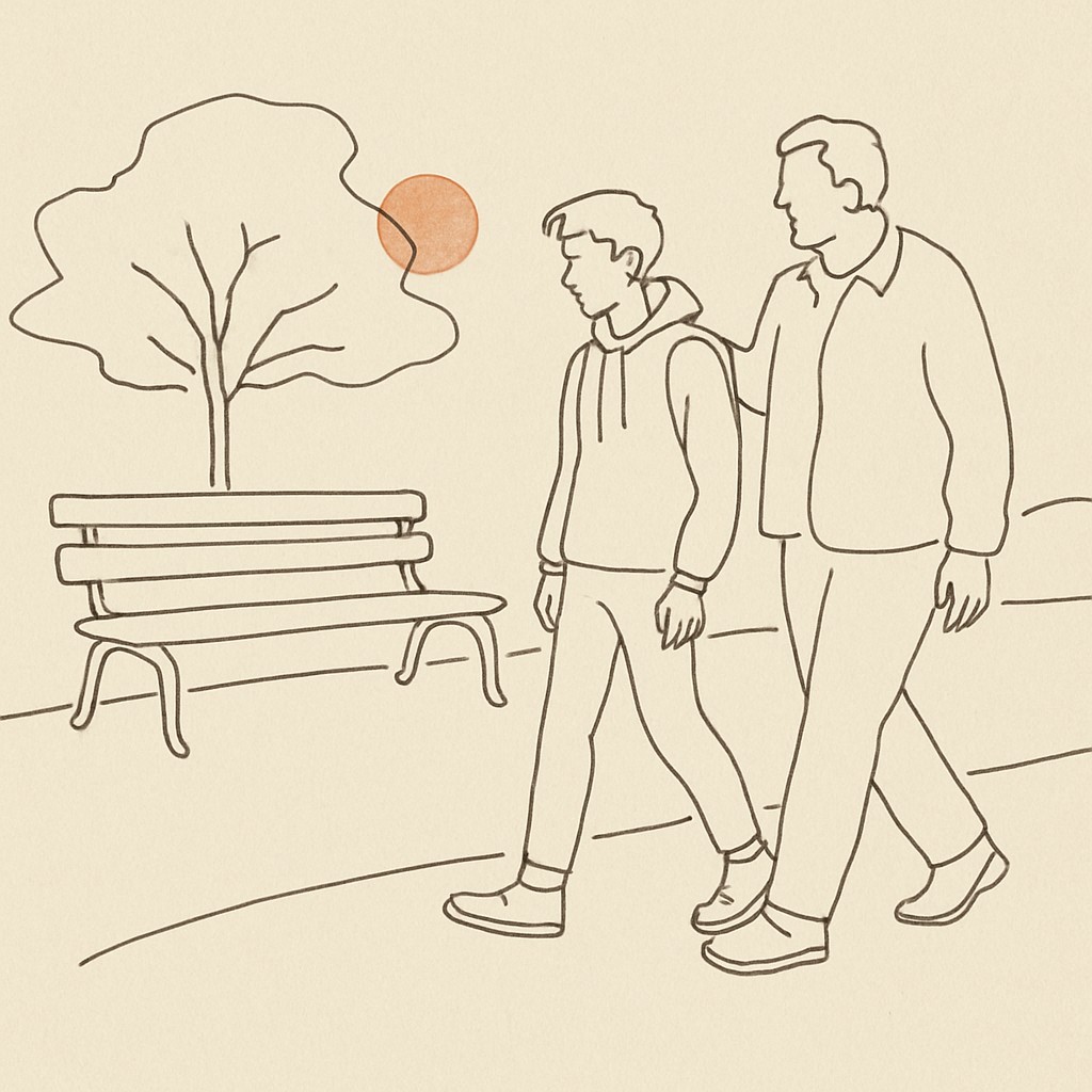 Line art of a teen and parent walking by a quiet park bench at dusk