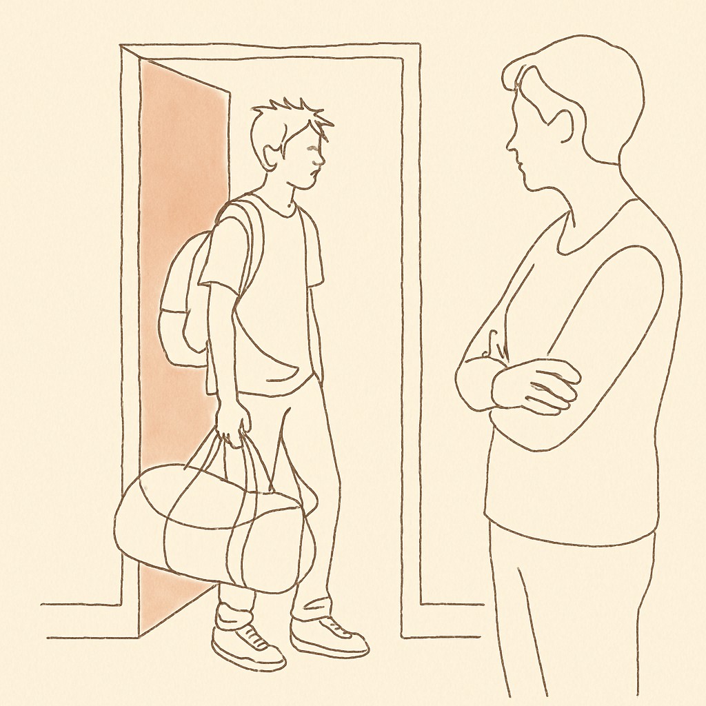 Line art of a teen with a duffel bag in a doorway, a parent in the hallway