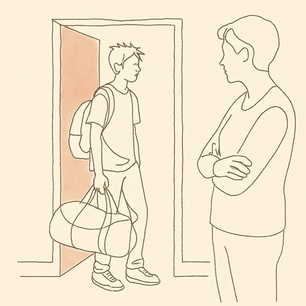 Line art of a teen with a duffel bag in a doorway, a parent in the hallway