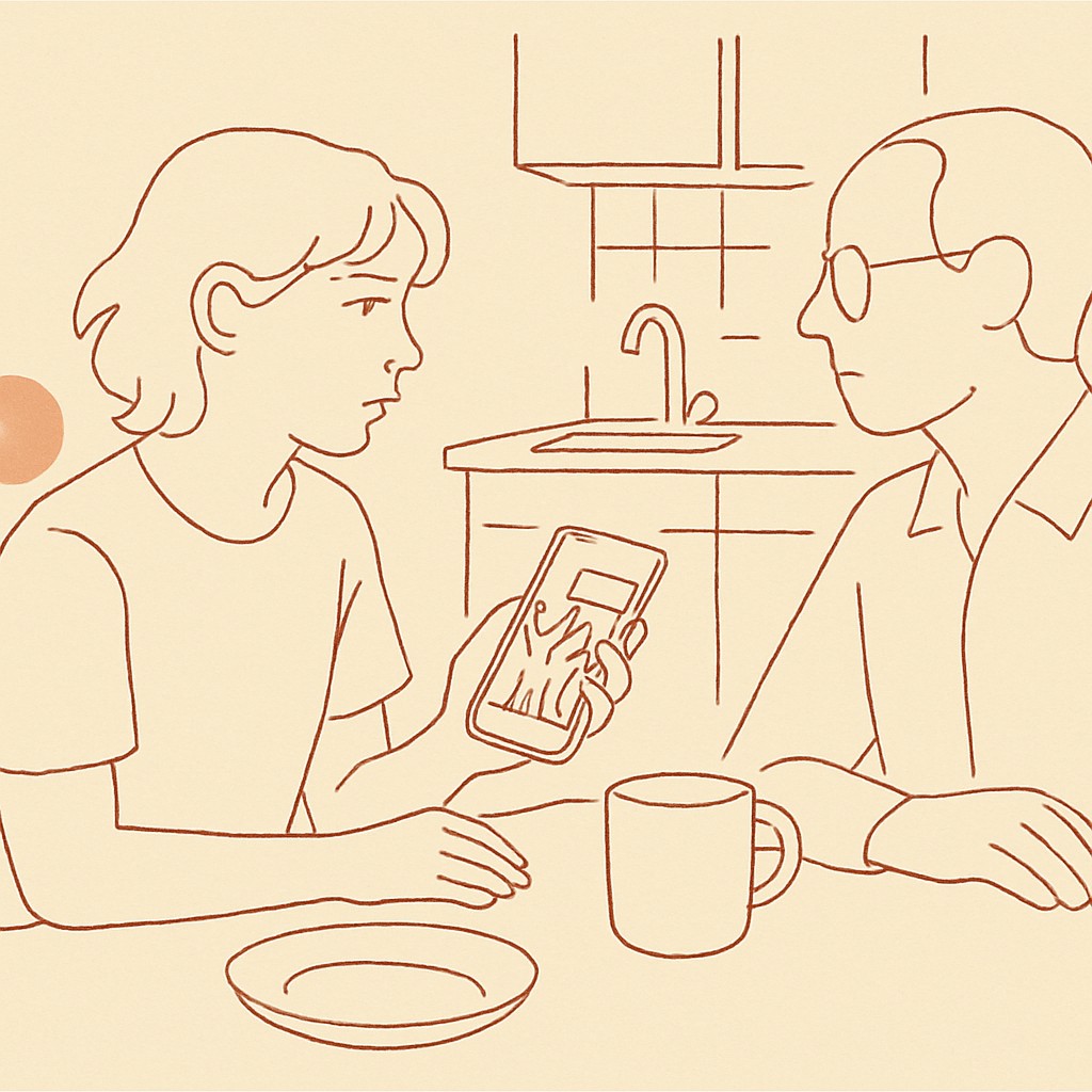 Line art of a teen at a kitchen table with a phone showing a protest event, parent across