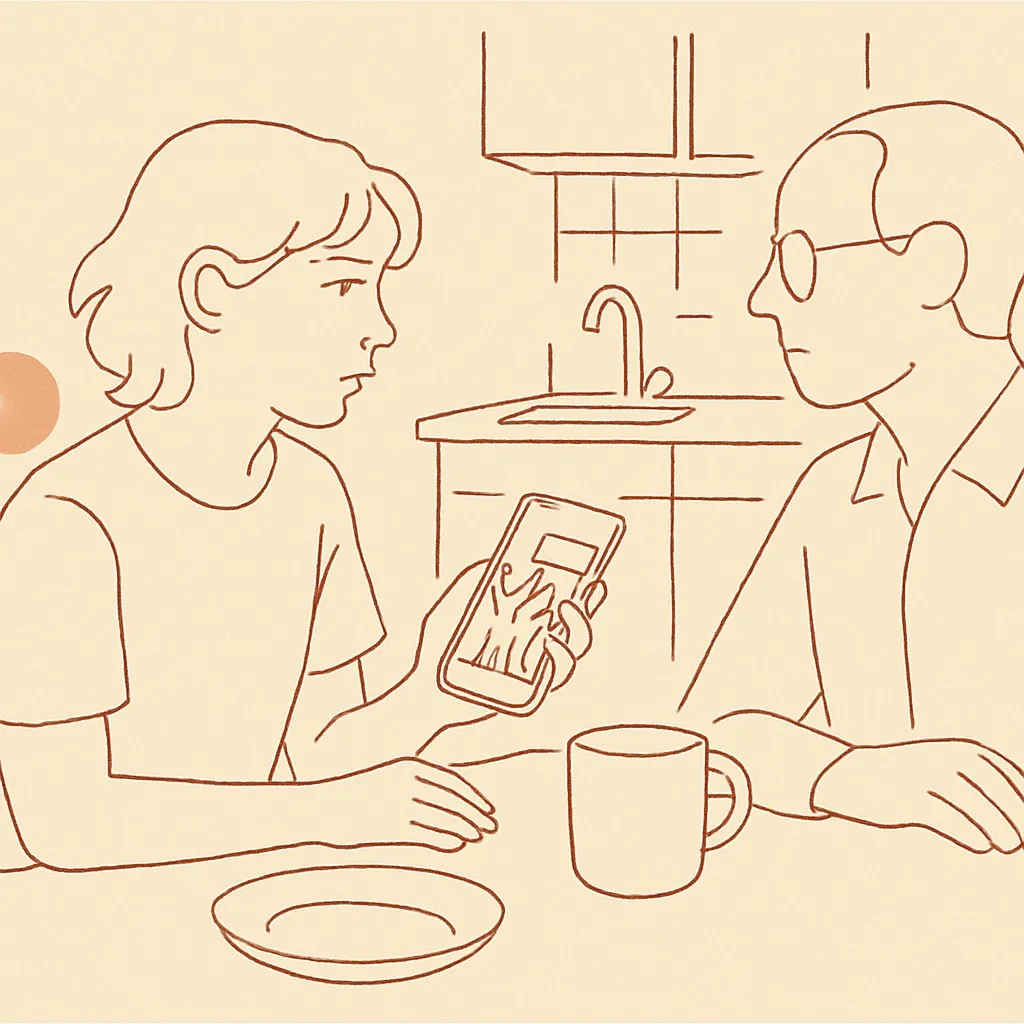 Line art of a teen at a kitchen table with a phone showing a protest event, parent across