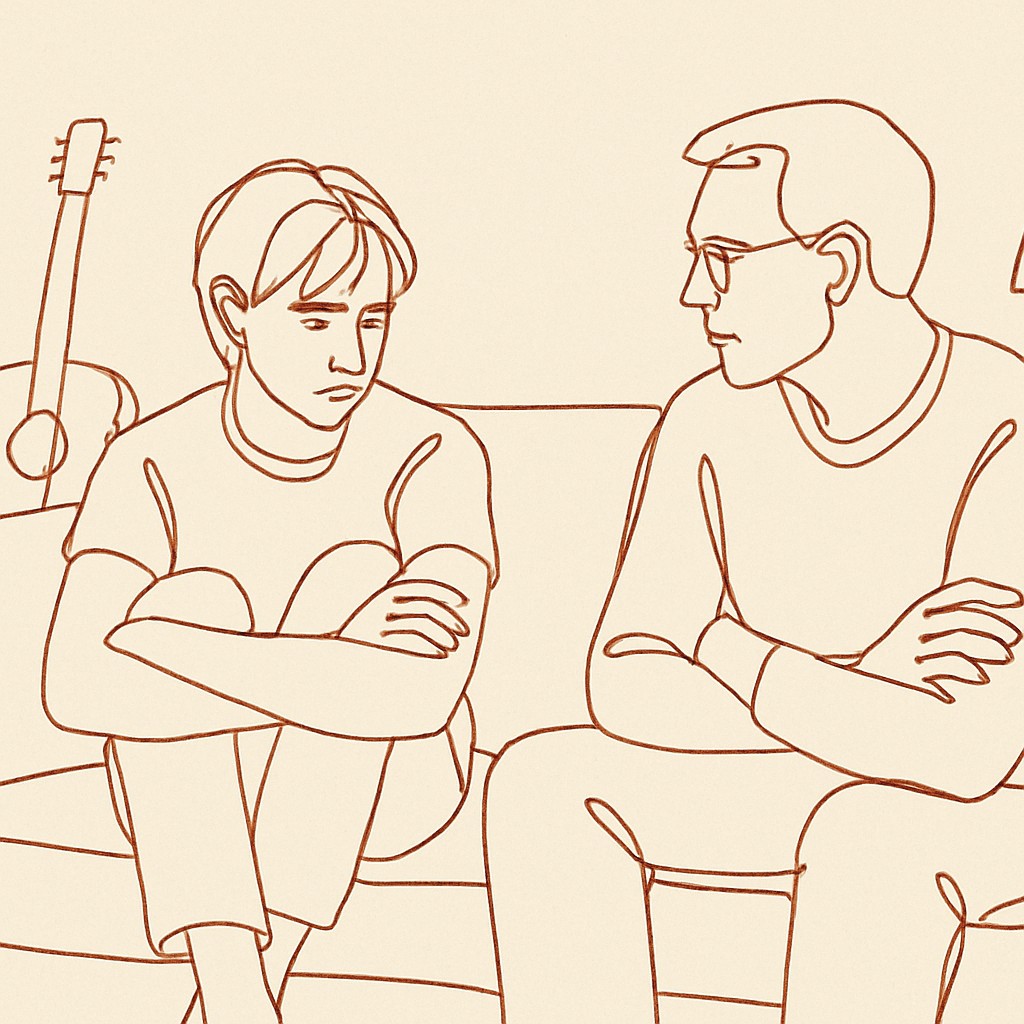 Line art of a teen and parent in a living room, an instrument visible in the background