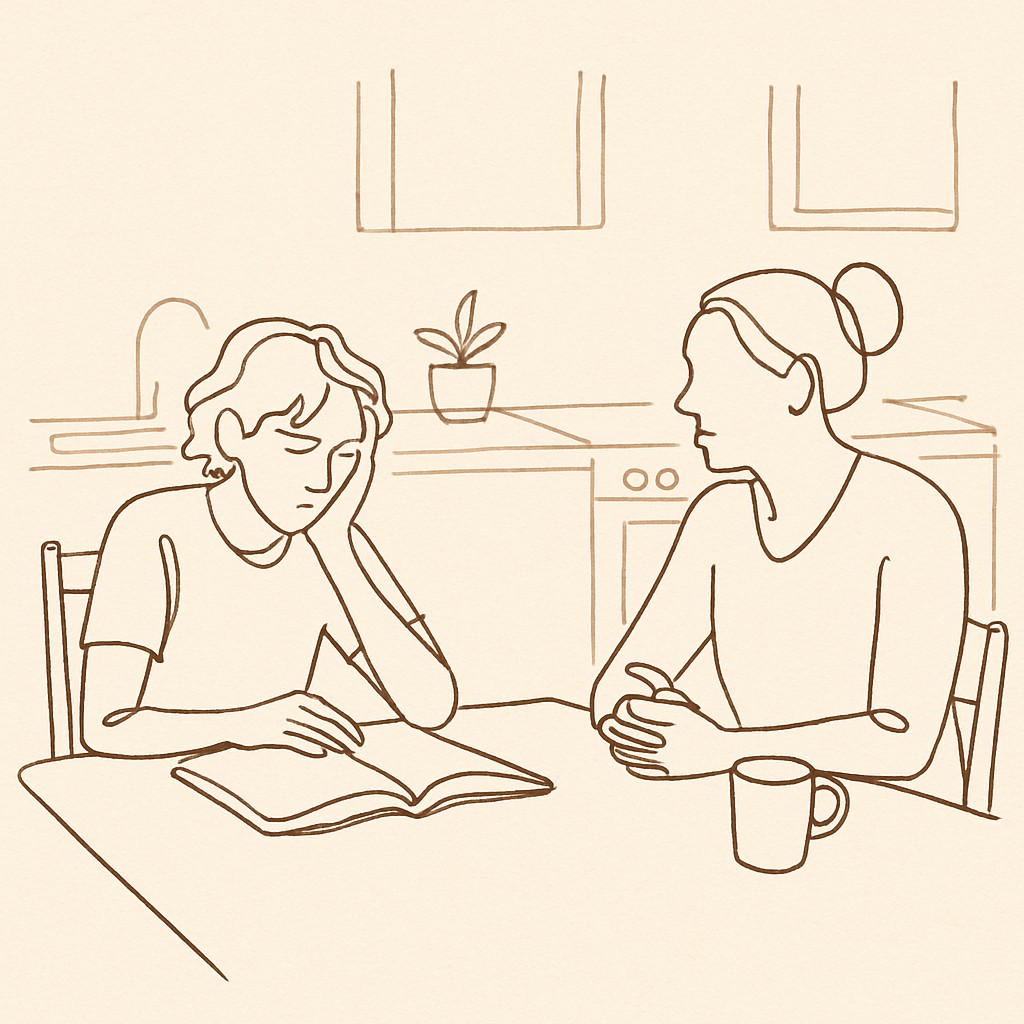 Line art of a teen at a kitchen table with a textbook, parent across
