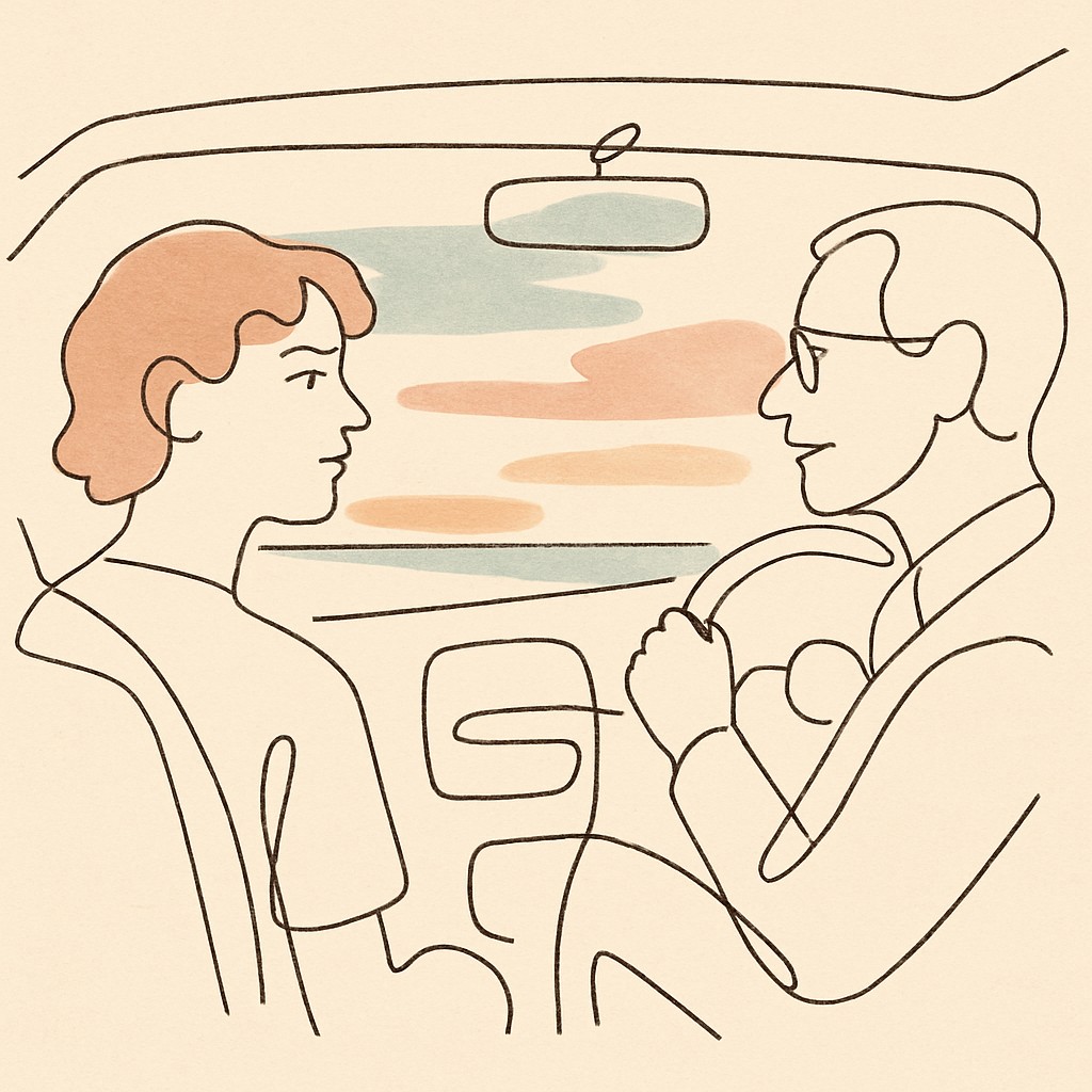 Line art of a teen and parent in a car at dusk, soft sky through the windshield