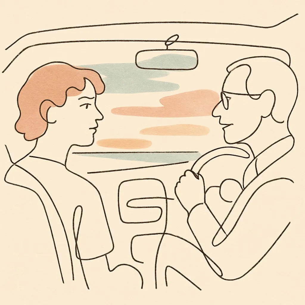 Line art of a teen and parent in a car at dusk, soft sky through the windshield