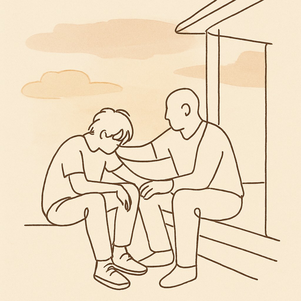 Line art of a teen and parent on a porch step at dusk, soft warm sky