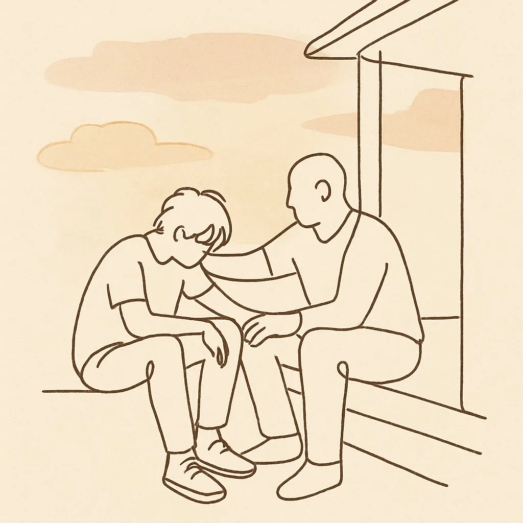 Line art of a teen and parent on a porch step at dusk, soft warm sky