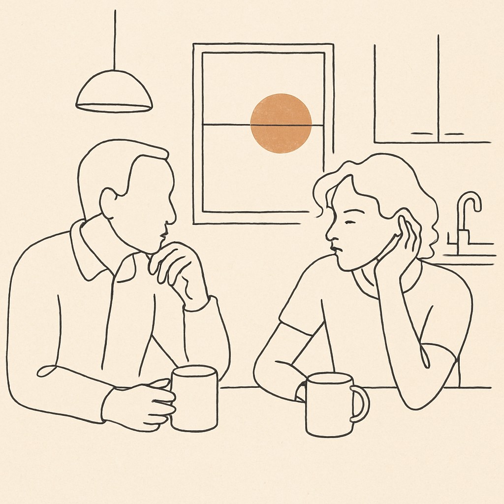Line art of a parent and teen at a kitchen table at dusk, two mugs between them