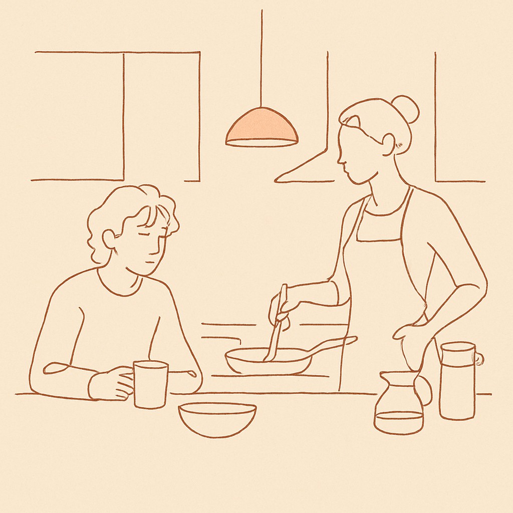 Line art of a teen and parent in a kitchen on a Sunday morning, soft warm light