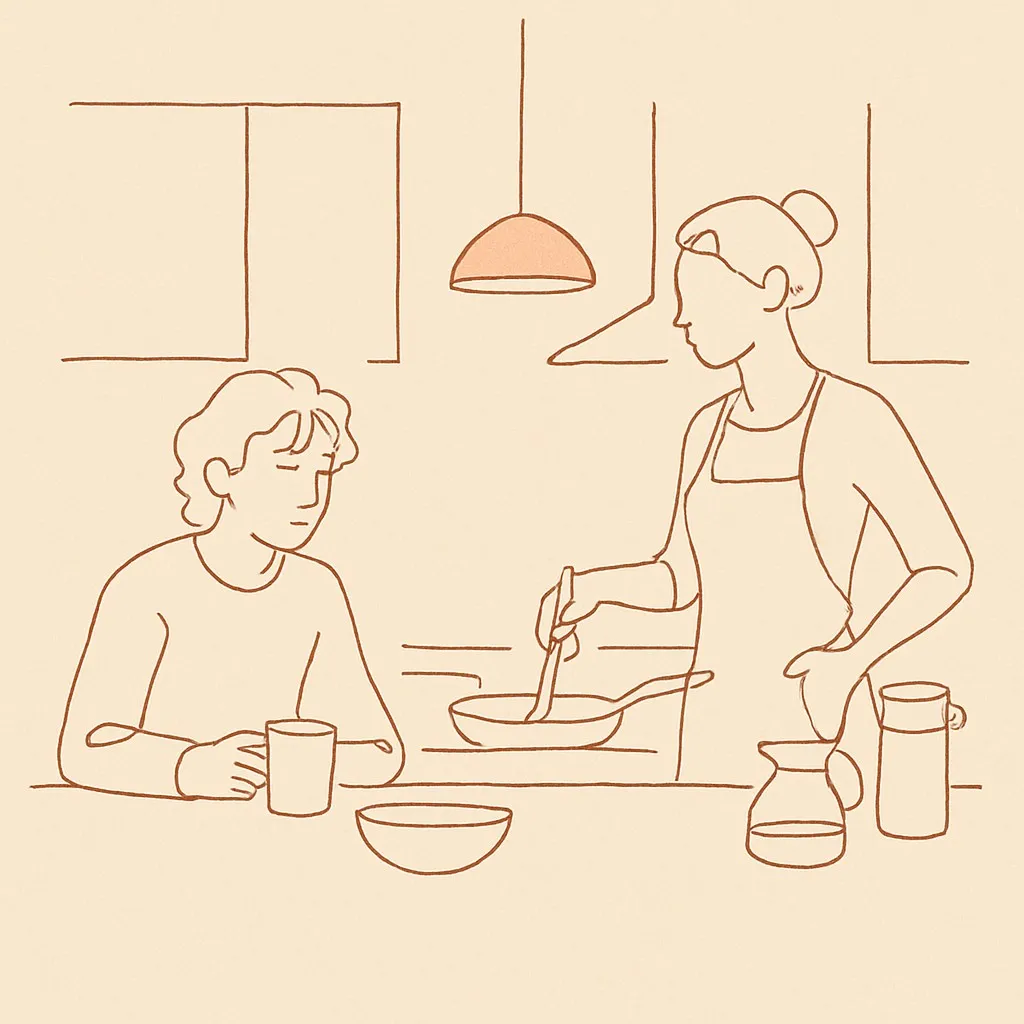 Line art of a teen and parent in a kitchen on a Sunday morning, soft warm light