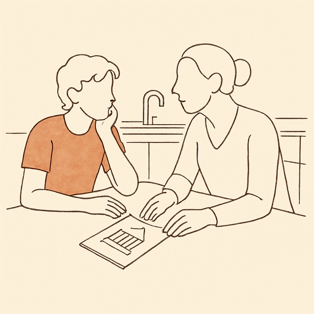 Line art of a teen and parent at a kitchen table, a college brochure between them