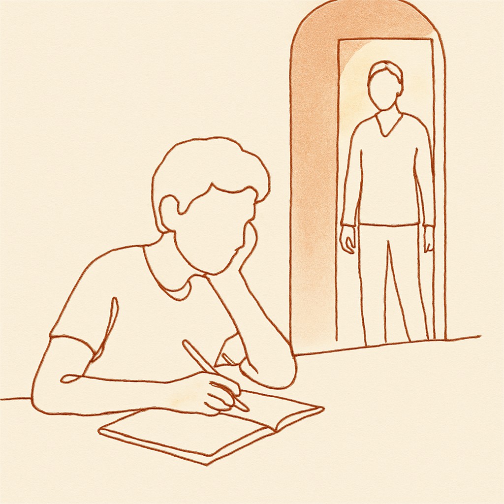 Line art of a teen at a desk with a notebook, parent in the doorway, soft warm light