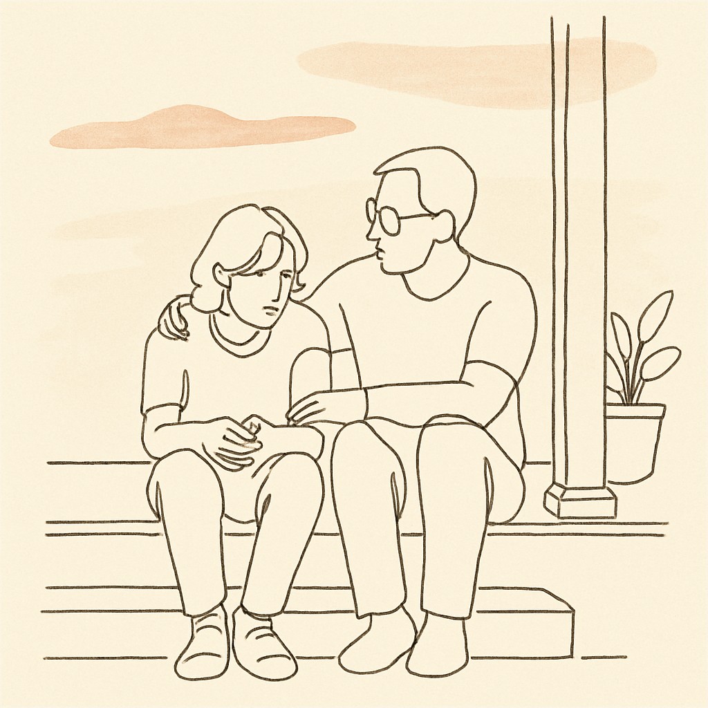 Line art of a teen and parent on a porch step at dusk, soft warm sky