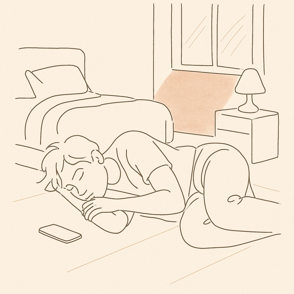 Line art of a teen on a bedroom floor with a phone face-down nearby, soft afternoon light