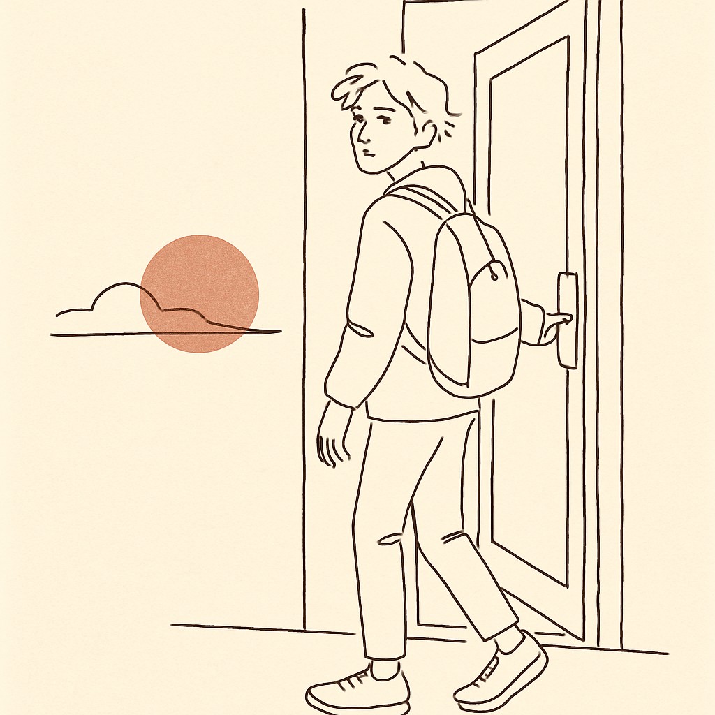 Line art of a teen at a front door at dusk, glancing back over their shoulder