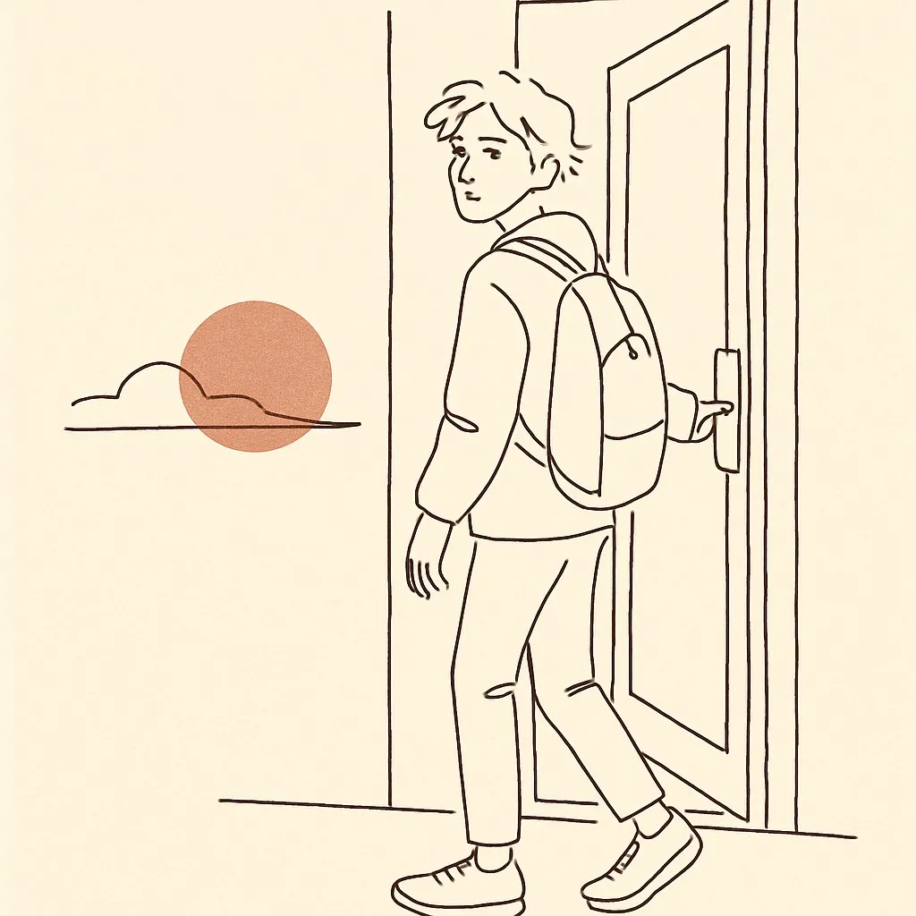 Line art of a teen at a front door at dusk, glancing back over their shoulder