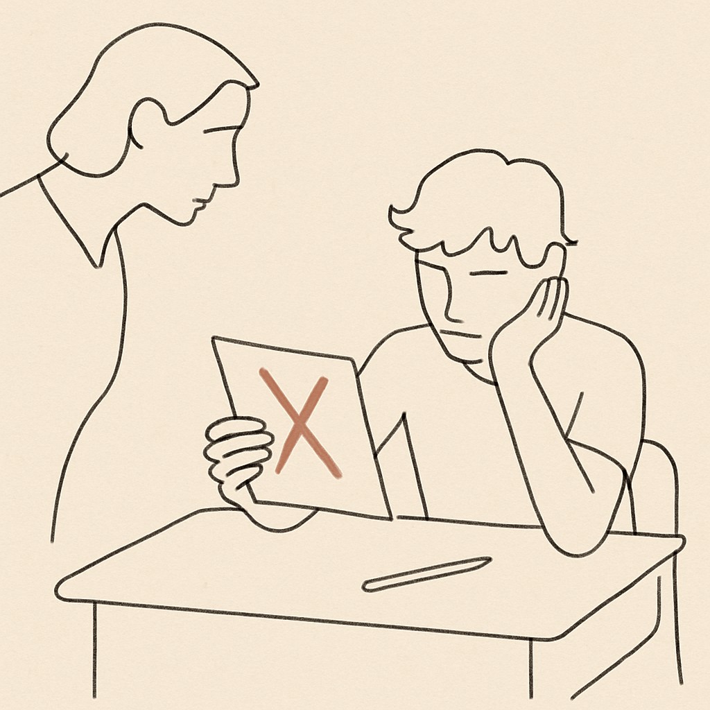 Line art of a teen at a desk with a returned paper, parent looking at it from the side