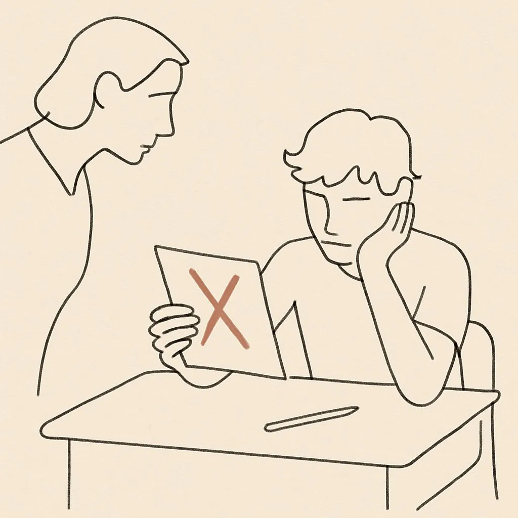 Line art of a teen at a desk with a returned paper, parent looking at it from the side