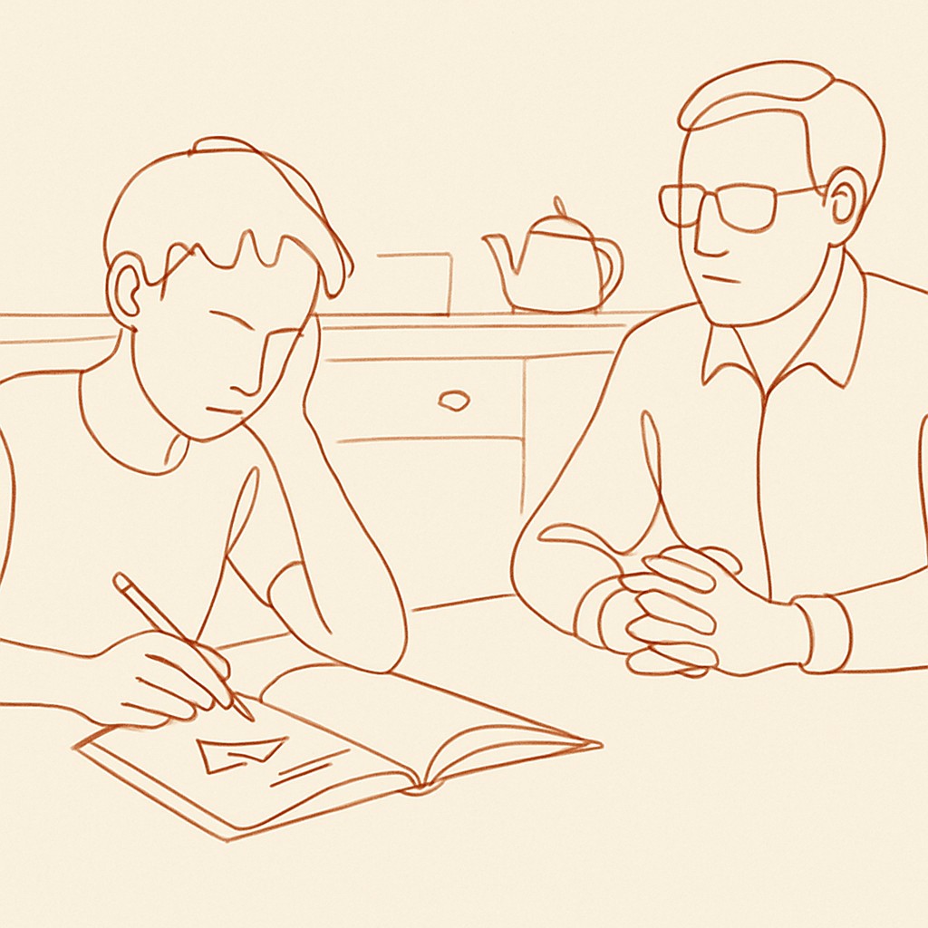 Line art of a teen at a kitchen table with a math textbook, parent across with hands folded