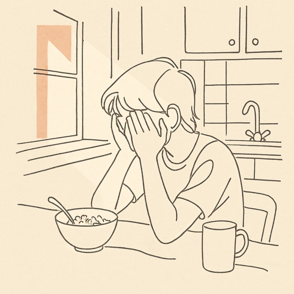 Line art of a teen at a kitchen table with head in hands, morning light