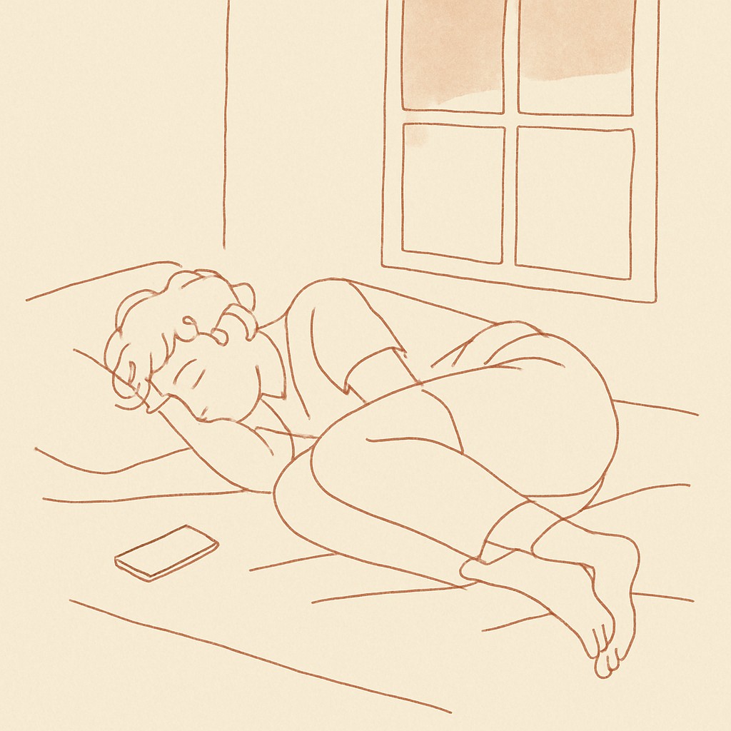 Line art of a teen curled on their bed in a dim room, phone face-down, soft window light